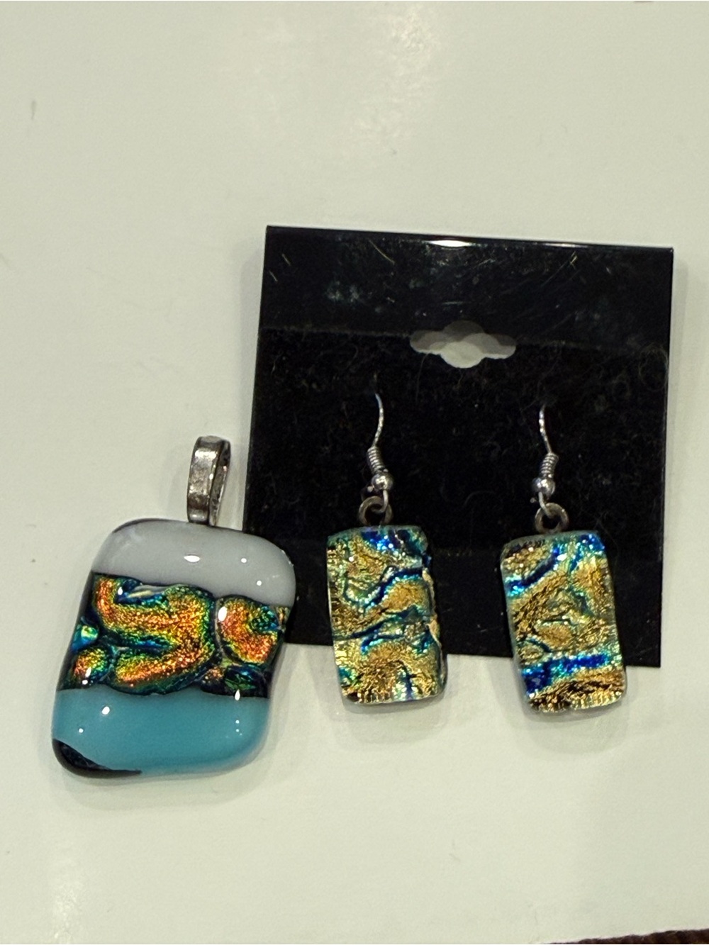Artisan Fused Glass Pendant Earrings Set Blue Gold Dichroic Handmade